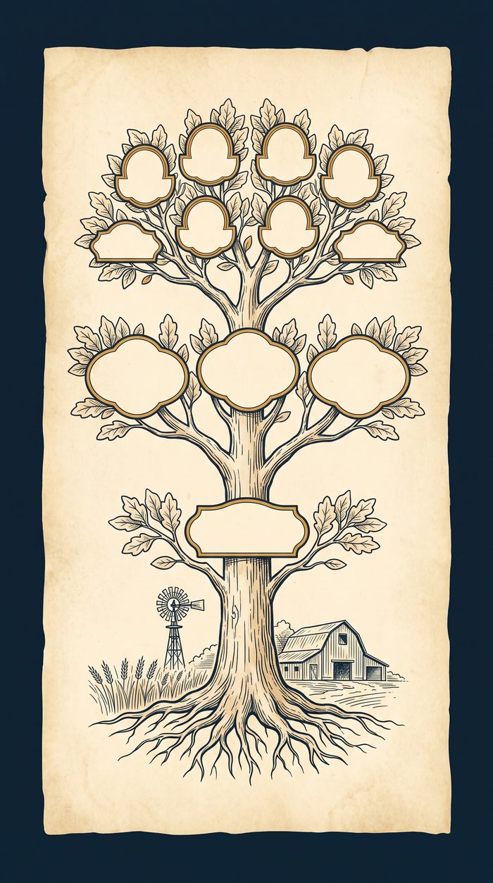 An illustrated vintage family tree of the Tarman household, rooted in a Texas farmstead with a windmill and barn.