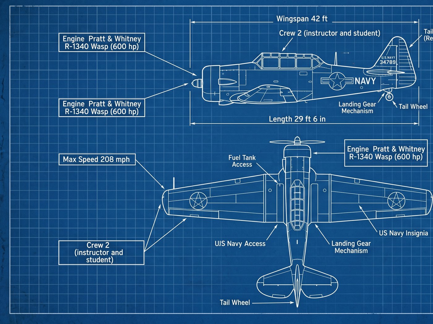 Technical blueprint of the North American SNJ Texan