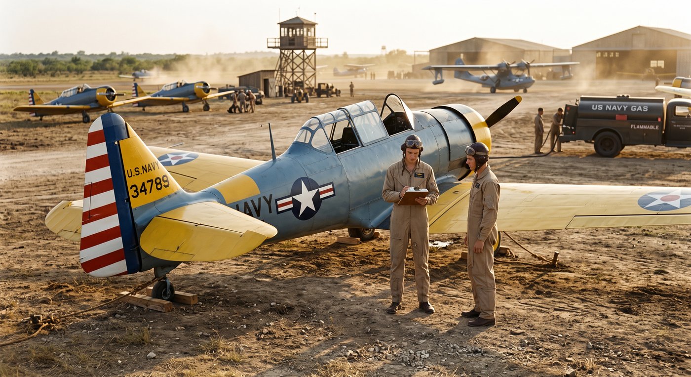 North American SNJ Texan trainer parked on the flight line